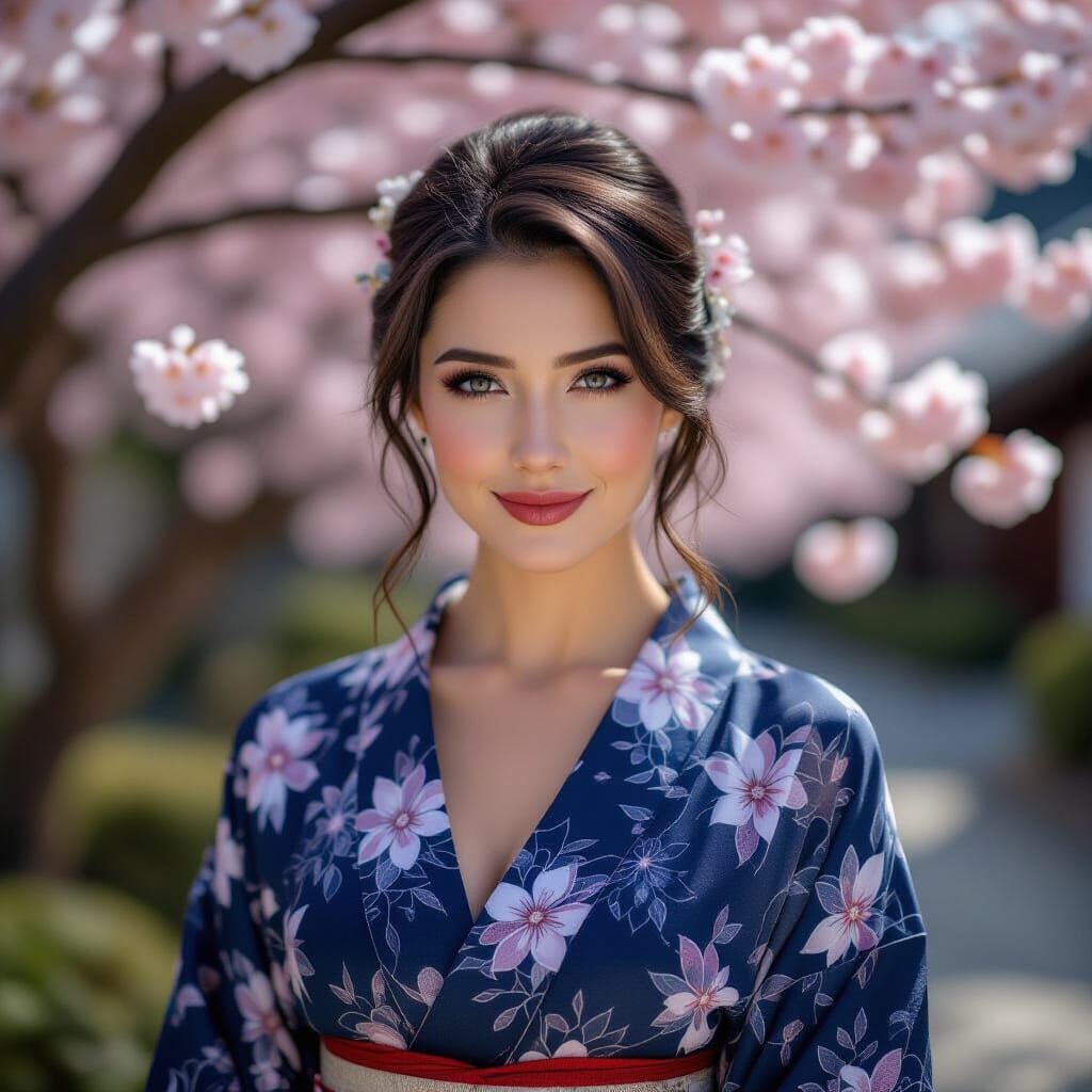 Navy Haired Woman in Lace Kimono Among Cherry Blossoms