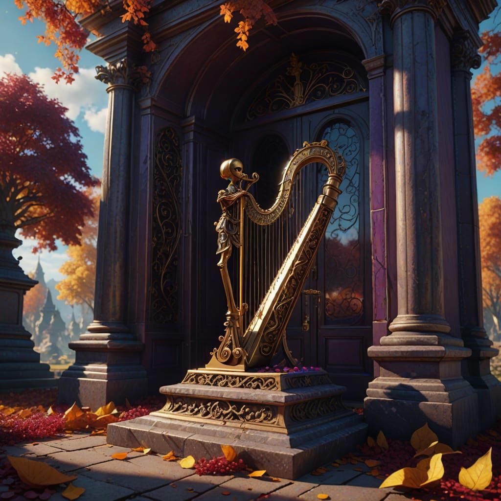 Surreal Golden Harp and Key with Heavenly Elements