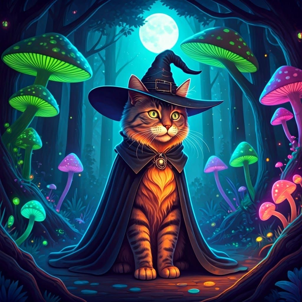 Iridescent Cat in Witch Costume in Neon Forest