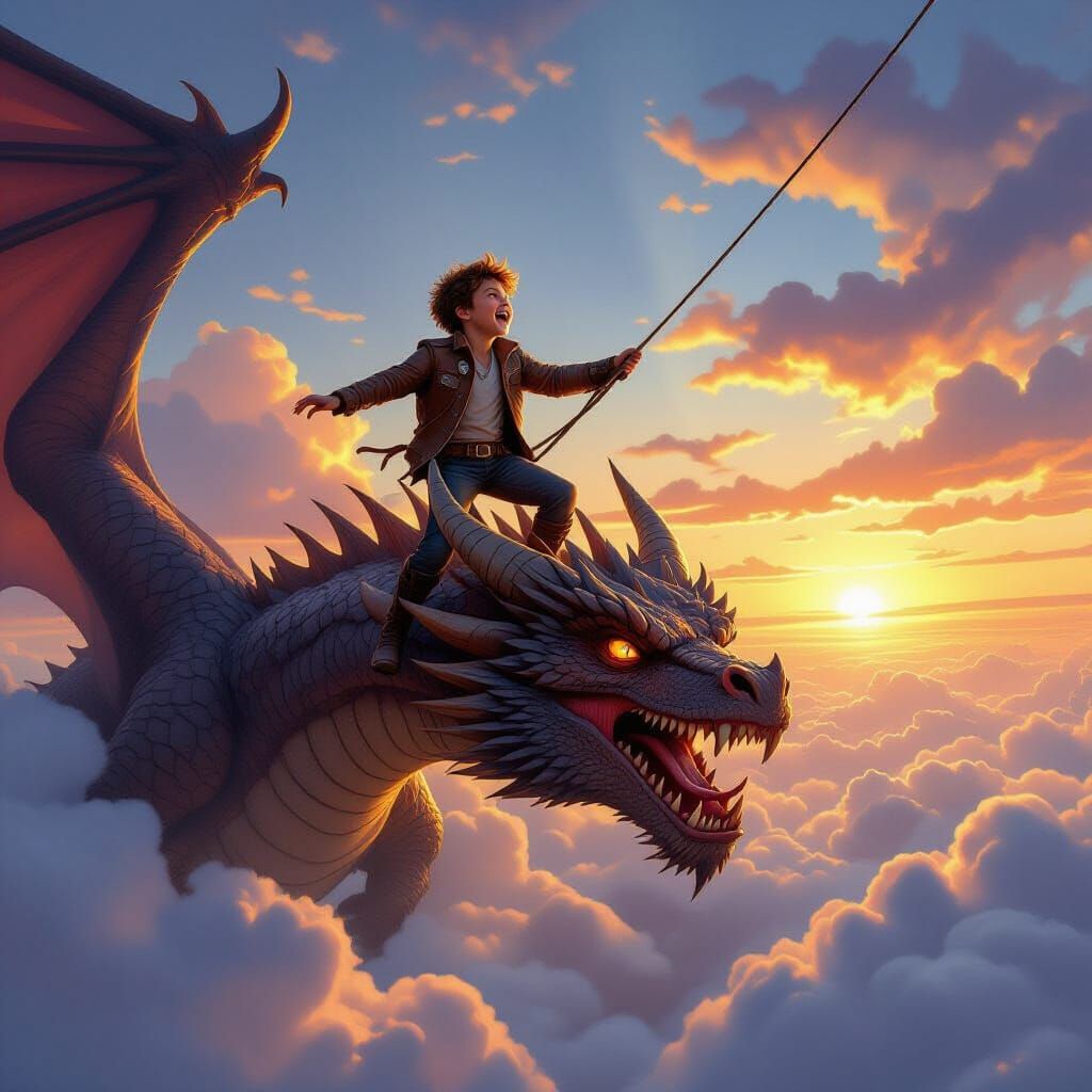 Boy and Dragon Soaring Above Clouds at Sunset