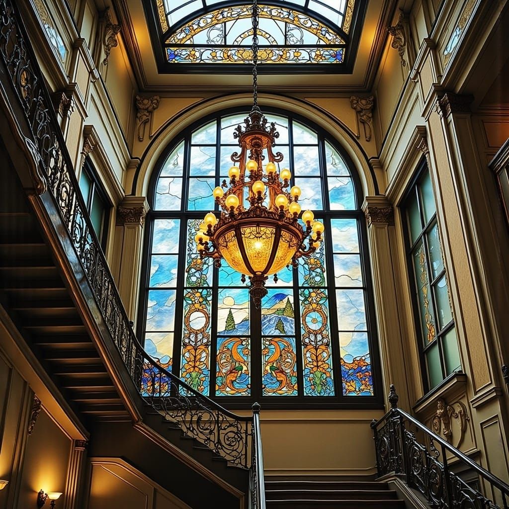 Elegant Rococo Chandelier Suspended Above Grand Staircase in...