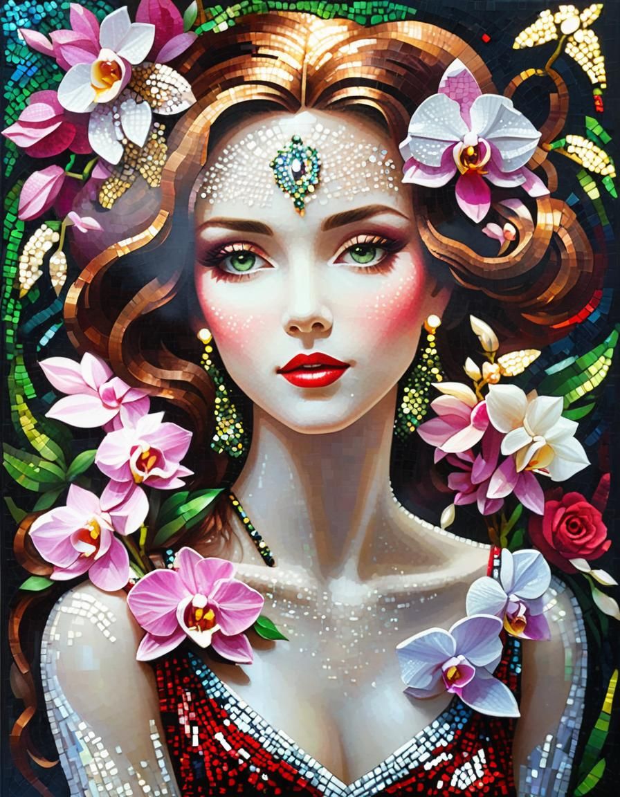 Pointillist Gemstone Mosaic: Woman with Flowers