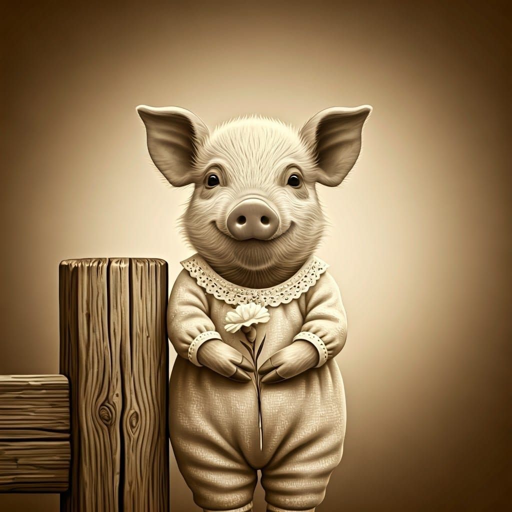 Charming Sepia Portrait of Smiling Piglet in Chibi Style