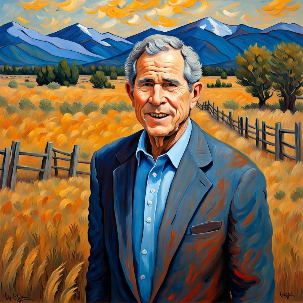 Oil painting of George W. Bush, in the style of Van Gogh, Post-Impressionism, Neo-Impressionism, friendly demeanor, Texa...