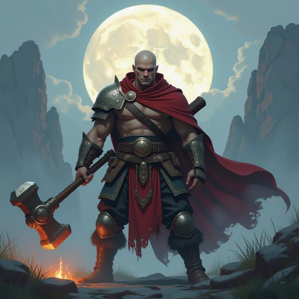 Bald Warrior with Hammer, Luminous Fantasy Art