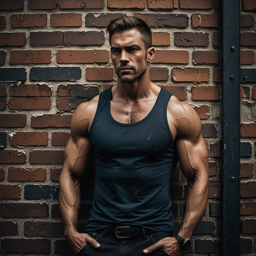 Muscular Man in Sling Against Brick Wall