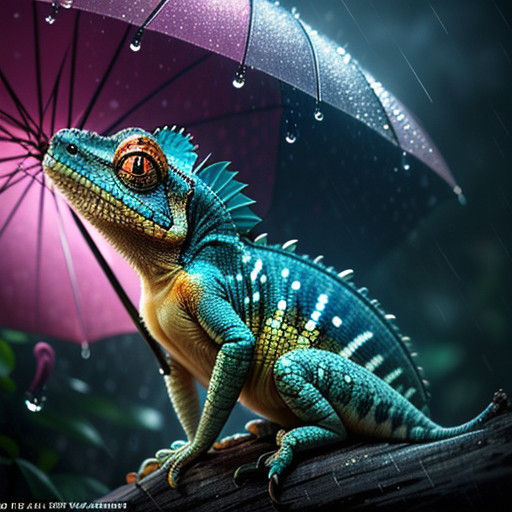 Vibrant Chameleon Shelters Under Enchanted Umbrella