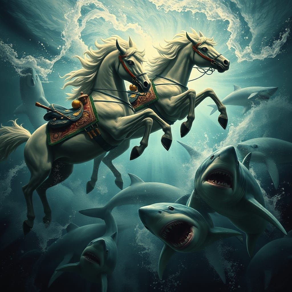 Horses Versus Sharks Underwater Battle in Dark Fantasy Style