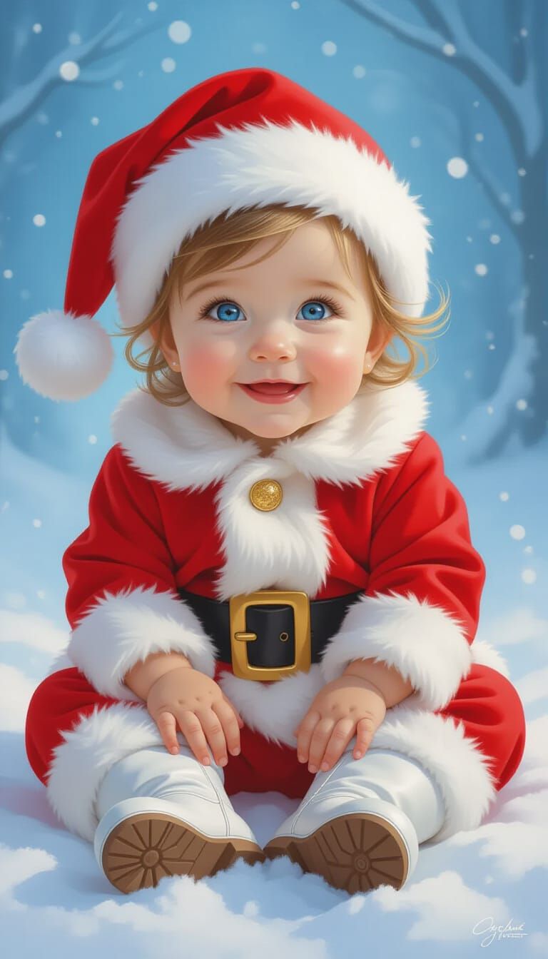 Joyful Toddler in Santa Outfit, Magical Winter Scene