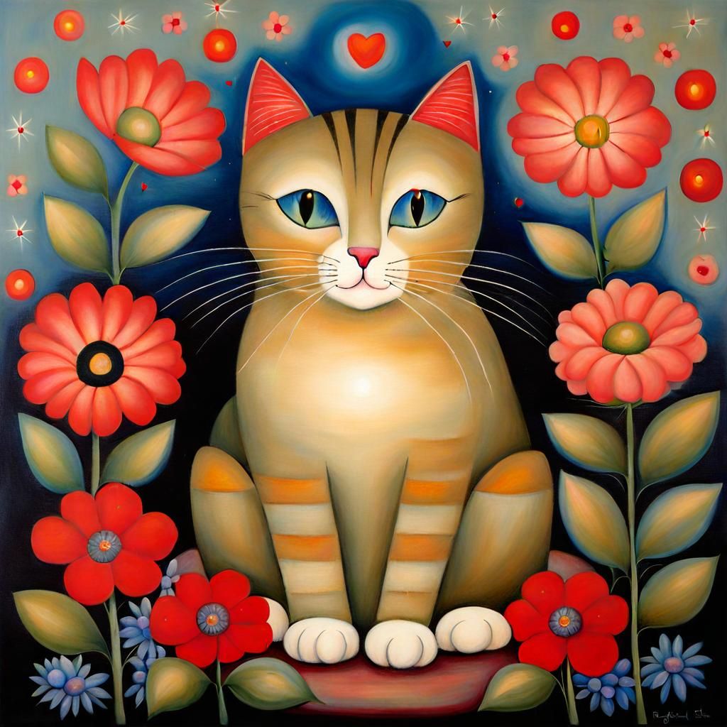 Cute Cat Surrounded by Flowers in Magic Realism Style
