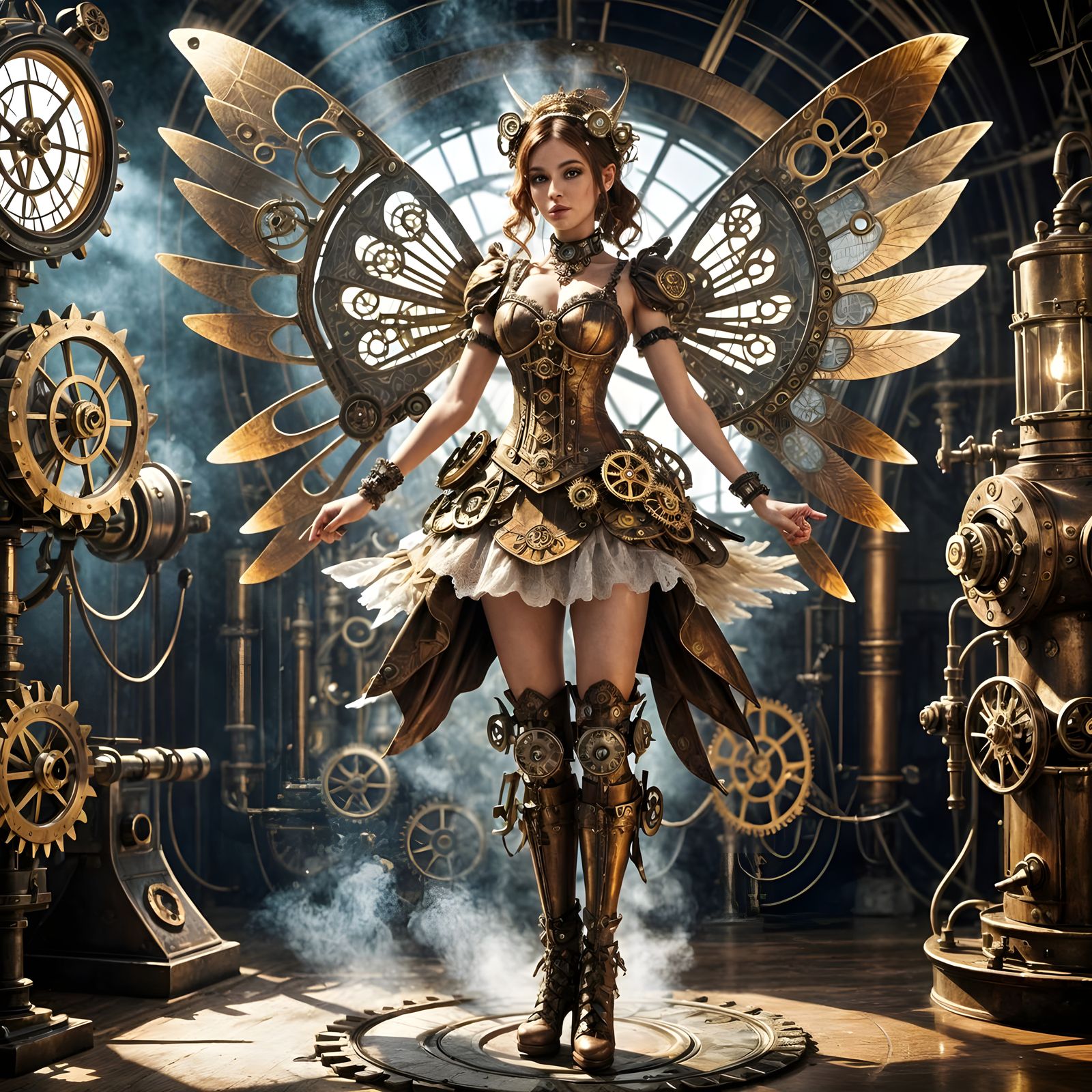 Theme steampunk. Full body pose. Radiant young fairy made of Clockwork.  She is dressed in steam punk style fairy dress....