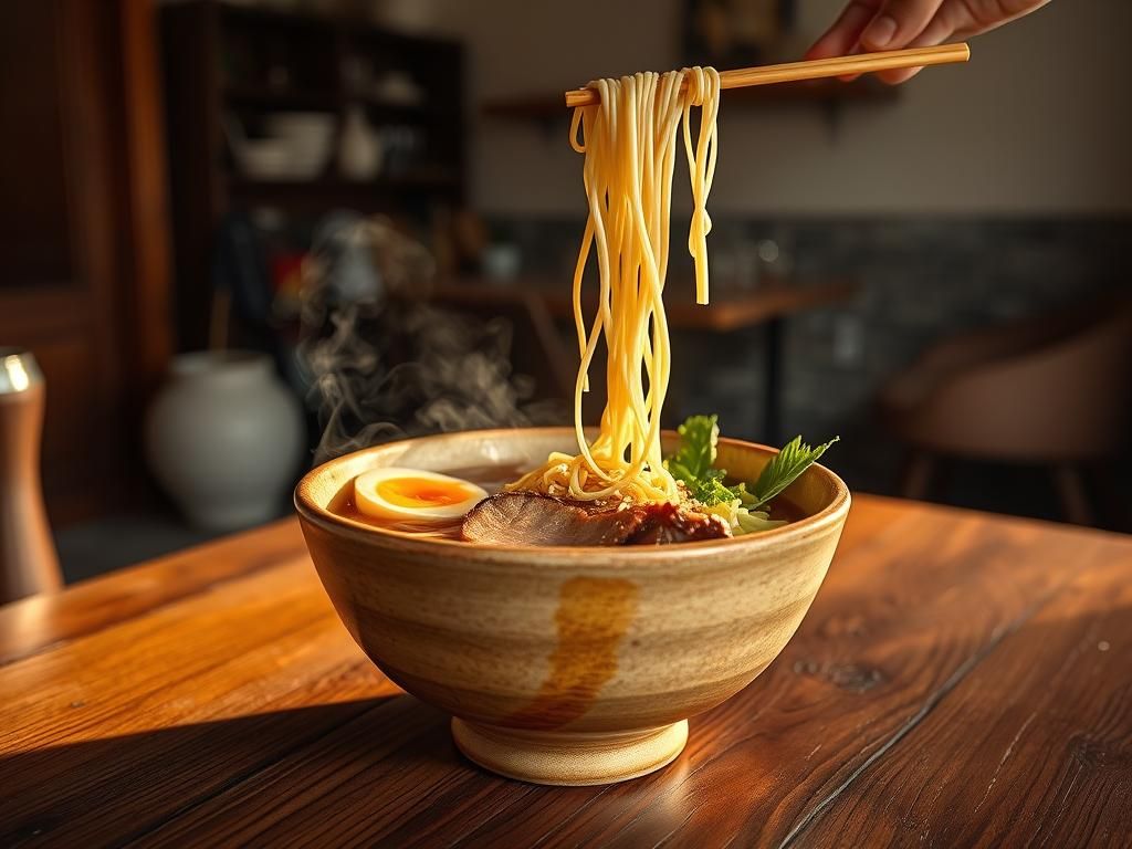 Steaming Ramen Bowl with Chopsticks in Professional Photogra...