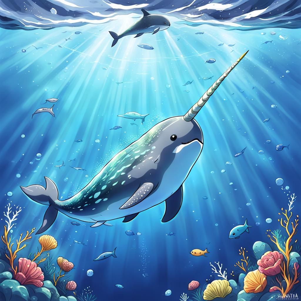 Narwhal Swimming in Ocean: Anime-Style Illustration