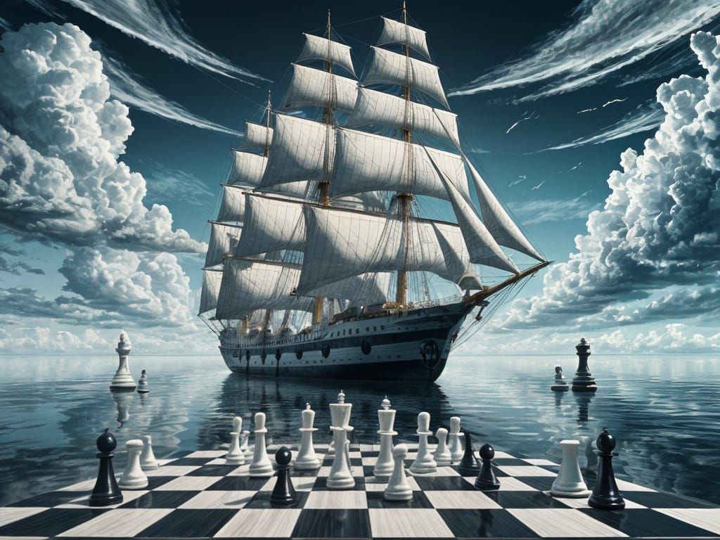 Surreal Chess Ship Navigating a Chessboard Ocean