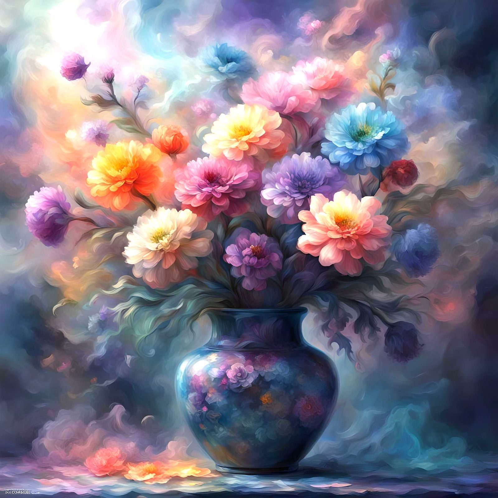 Vase of Smoke Flowers: Abstract Impasto Painting