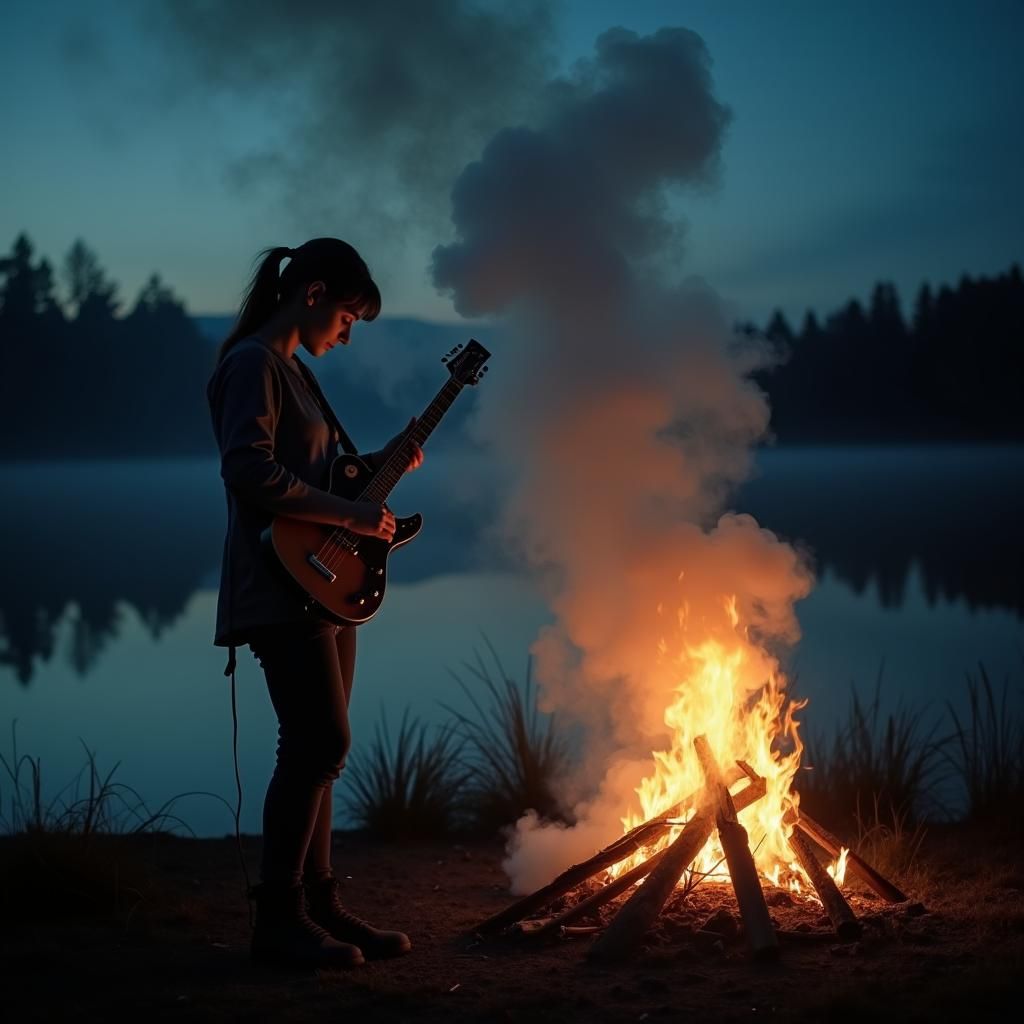 Smoky Guitarist Silhouette by Lake at Night