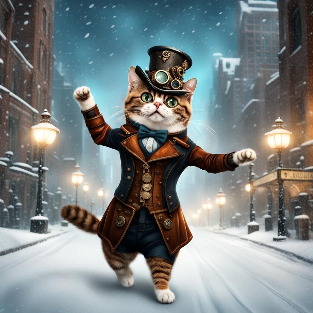 Steampunk Cat Dances in Dystopian Winter Wonderland