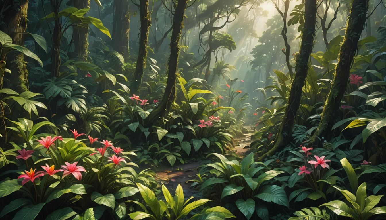 Lush Tropical Rainforest in Painterly Style