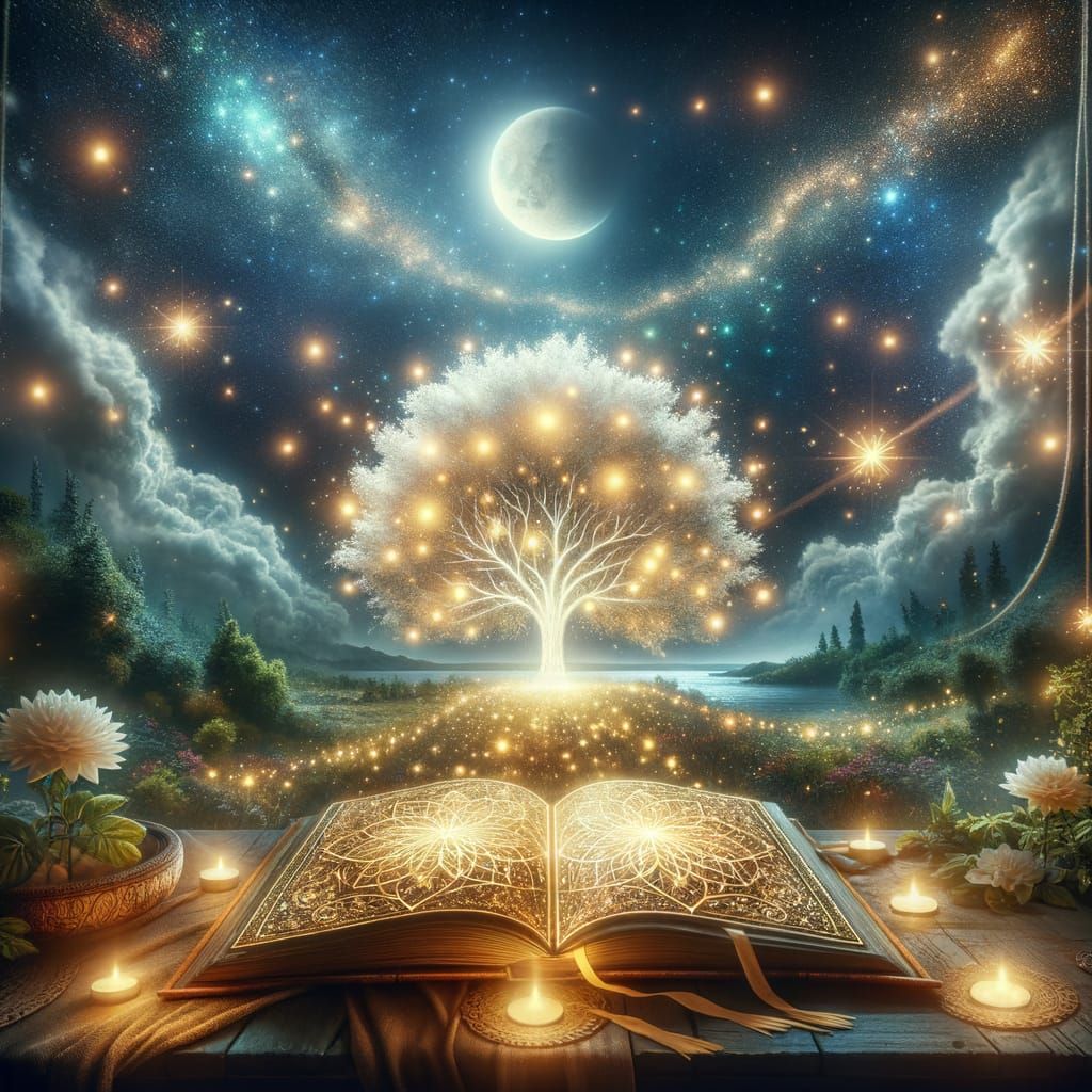Celestial Book of Life Under Moonlight Stars