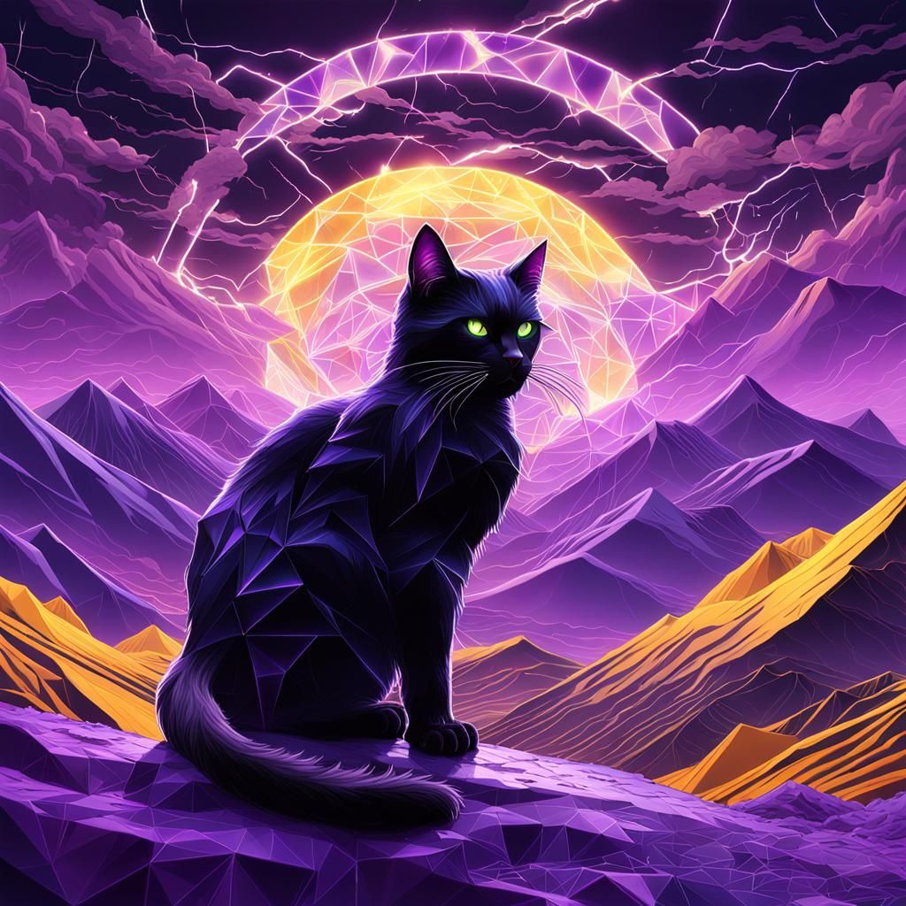 Geometric Black Cat in Dark Fantasy Lightning Storm
