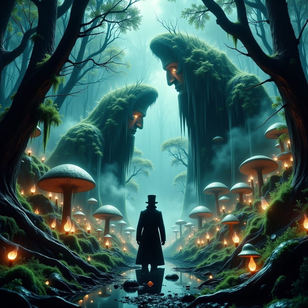 Bioluminescent Forest Explorer Among Ancient Gods