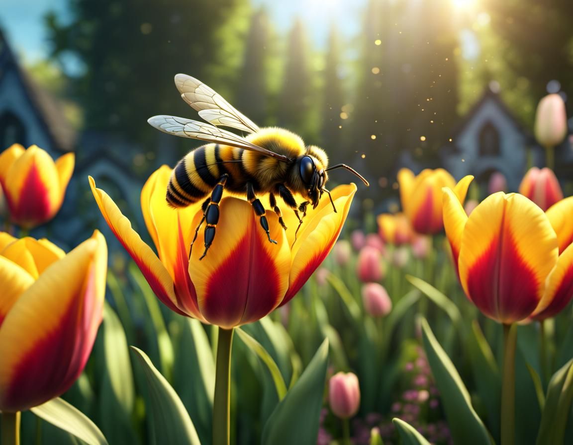 Cute Fuzzy Bee in Tulip: Detailed Matte Painting