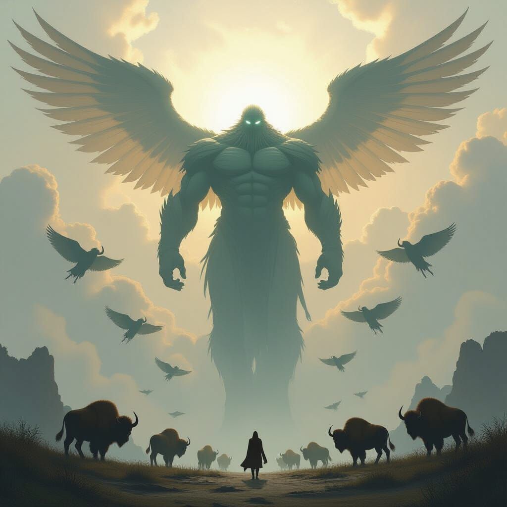 Ethereal Titan Hovers Over Flying Bison Herd