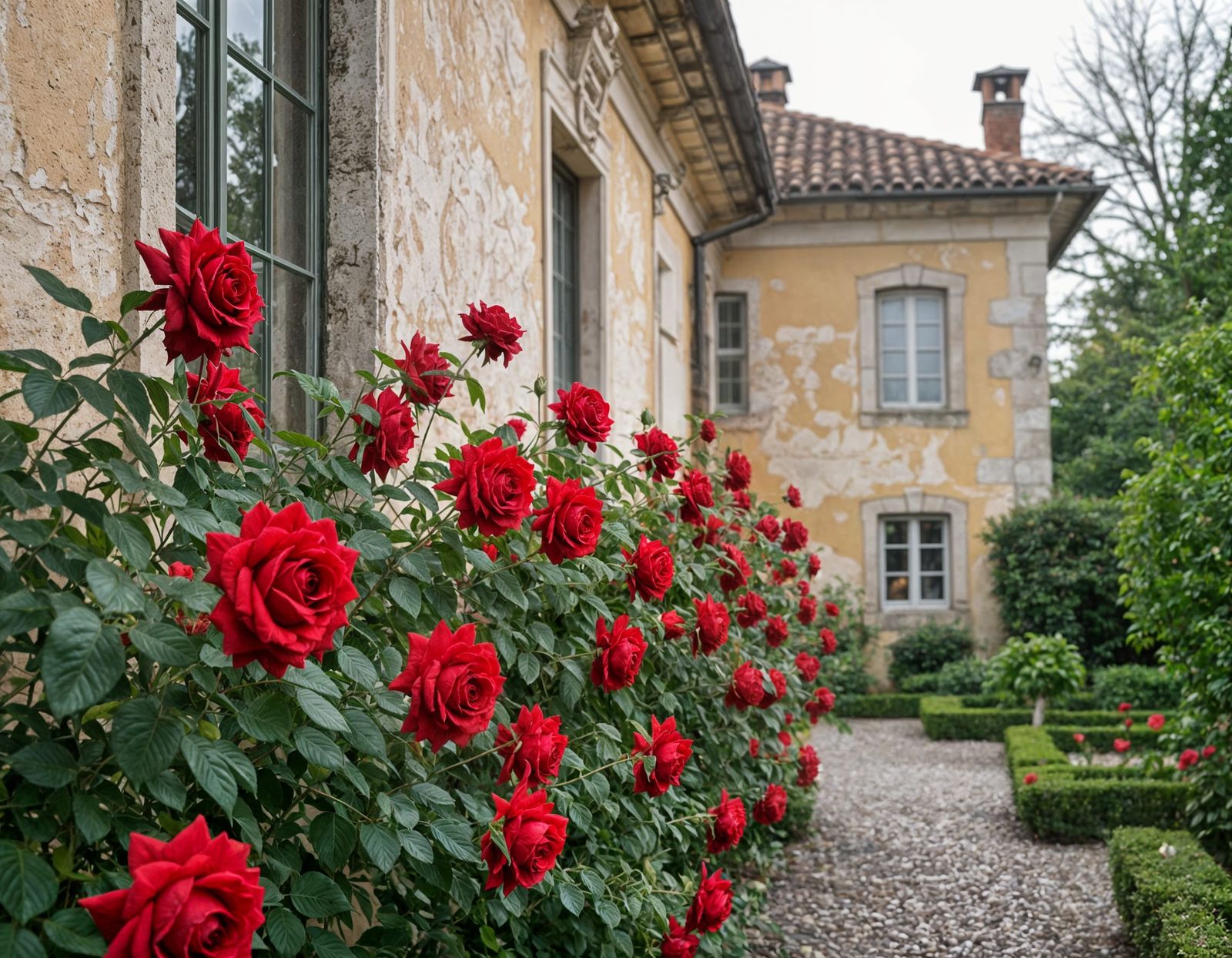 Vintage Home with Red Roses in Cold Weather