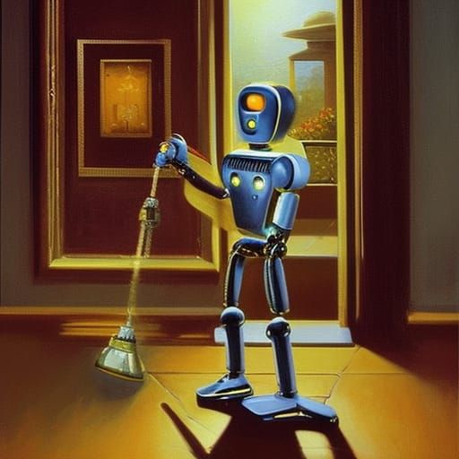 Robot Butler in Mansion: Oil Painting