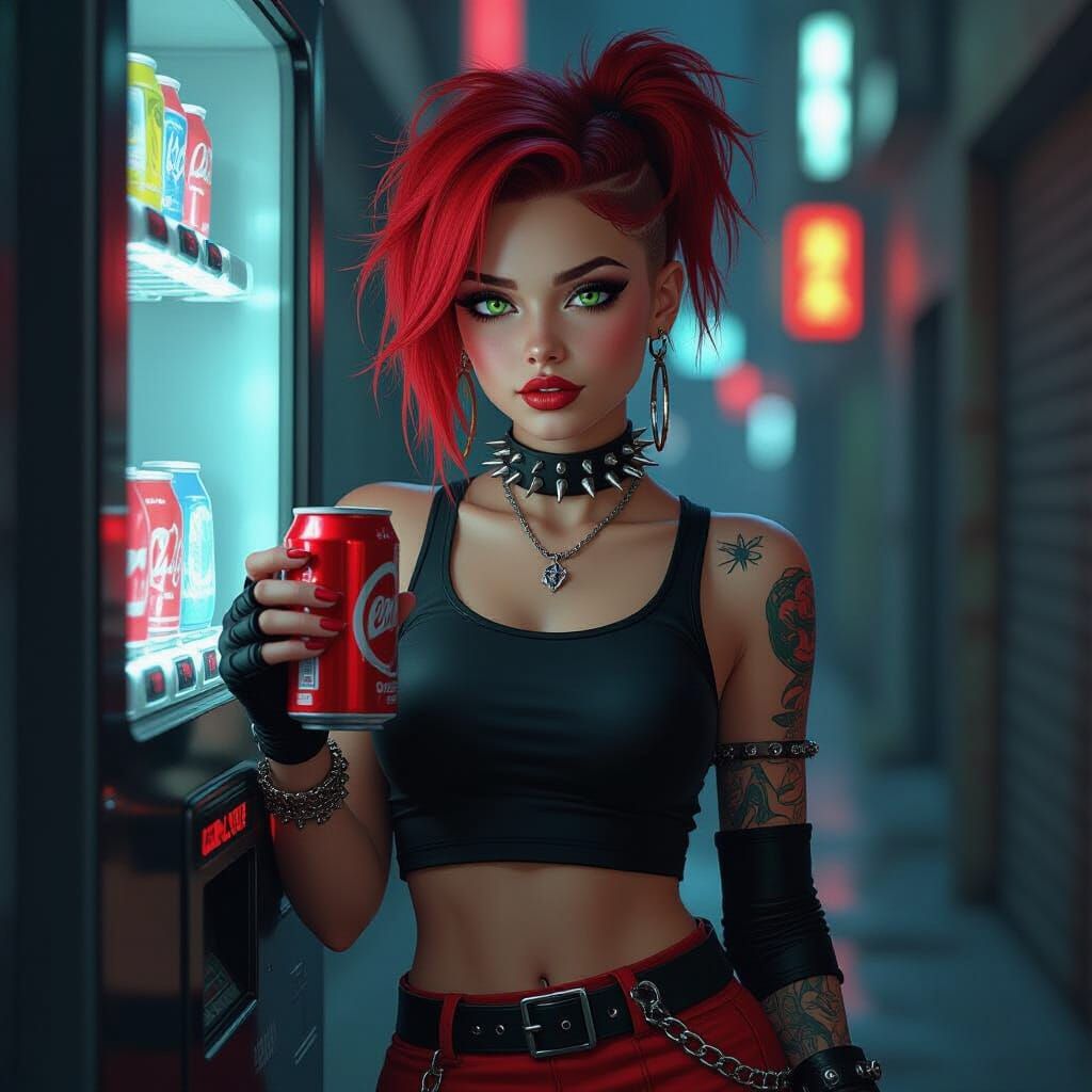 Red-Haired Girl in Dystopian Alleyway, in Cyberpunk Style