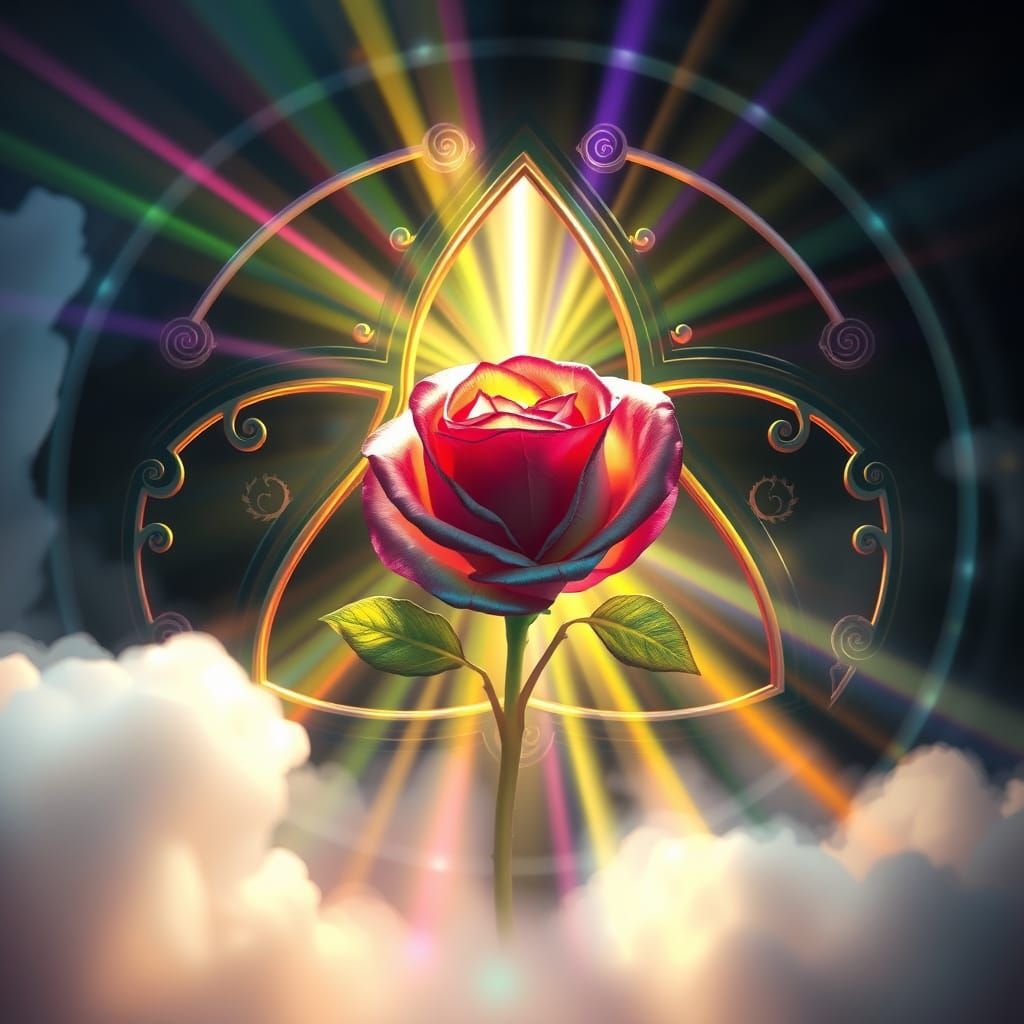 Surreal Dreamscapes: 888 Hz Rainbow Rose in Triquetra Window