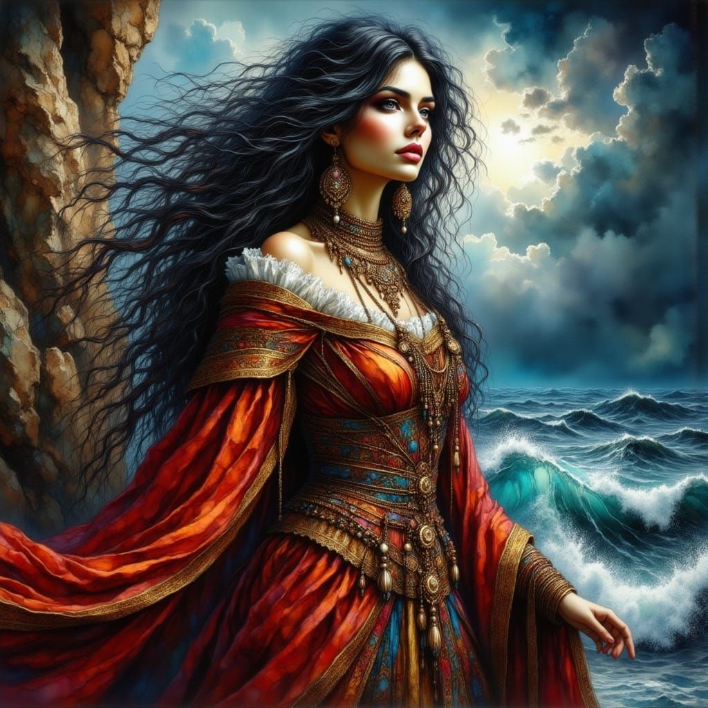 Queen on Windswept Cliff Overlooking Stormy Sea