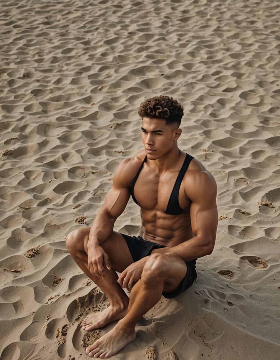 A young man with a buff physique sitting on a sandy beach