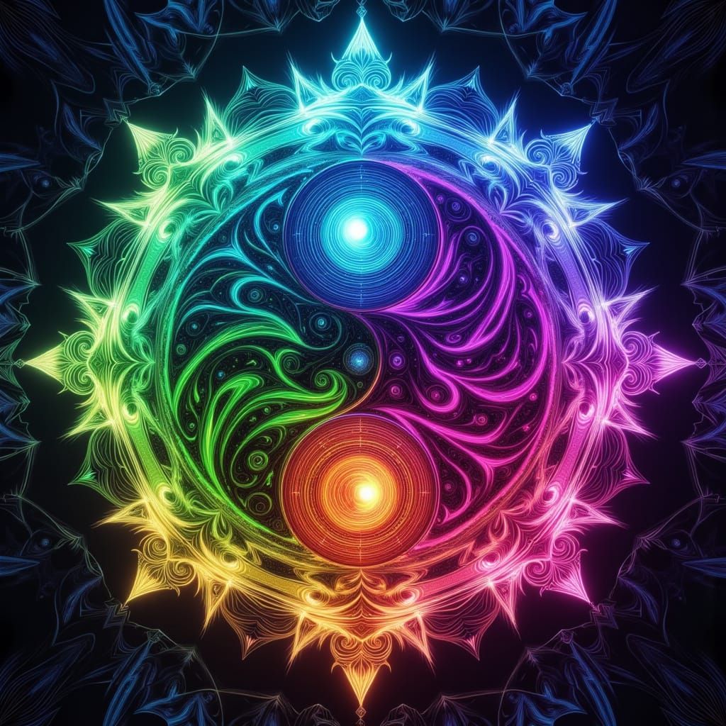 Vibrant Yin-Yang Symbol in Kaleidoscopic Geometric Art