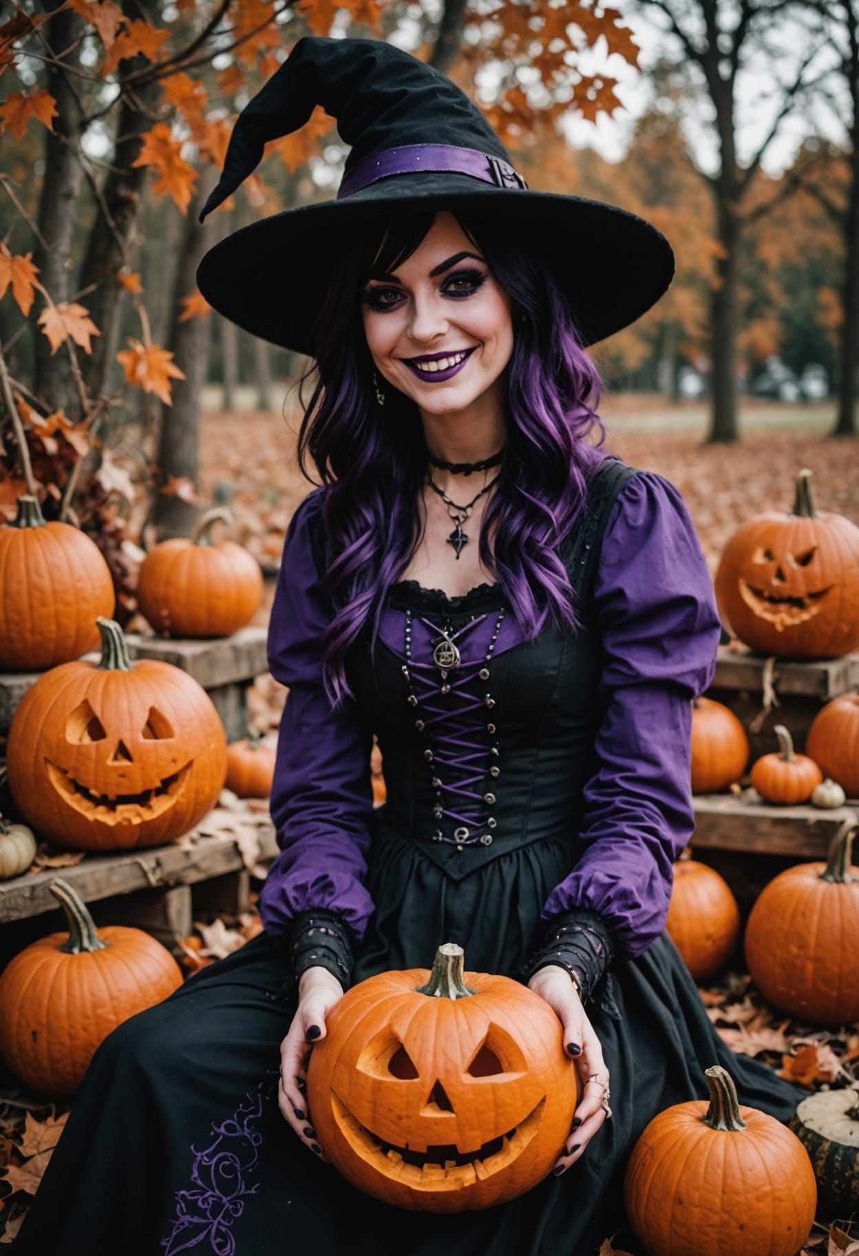 Emo Witch Grinning While Carving Pumpkin