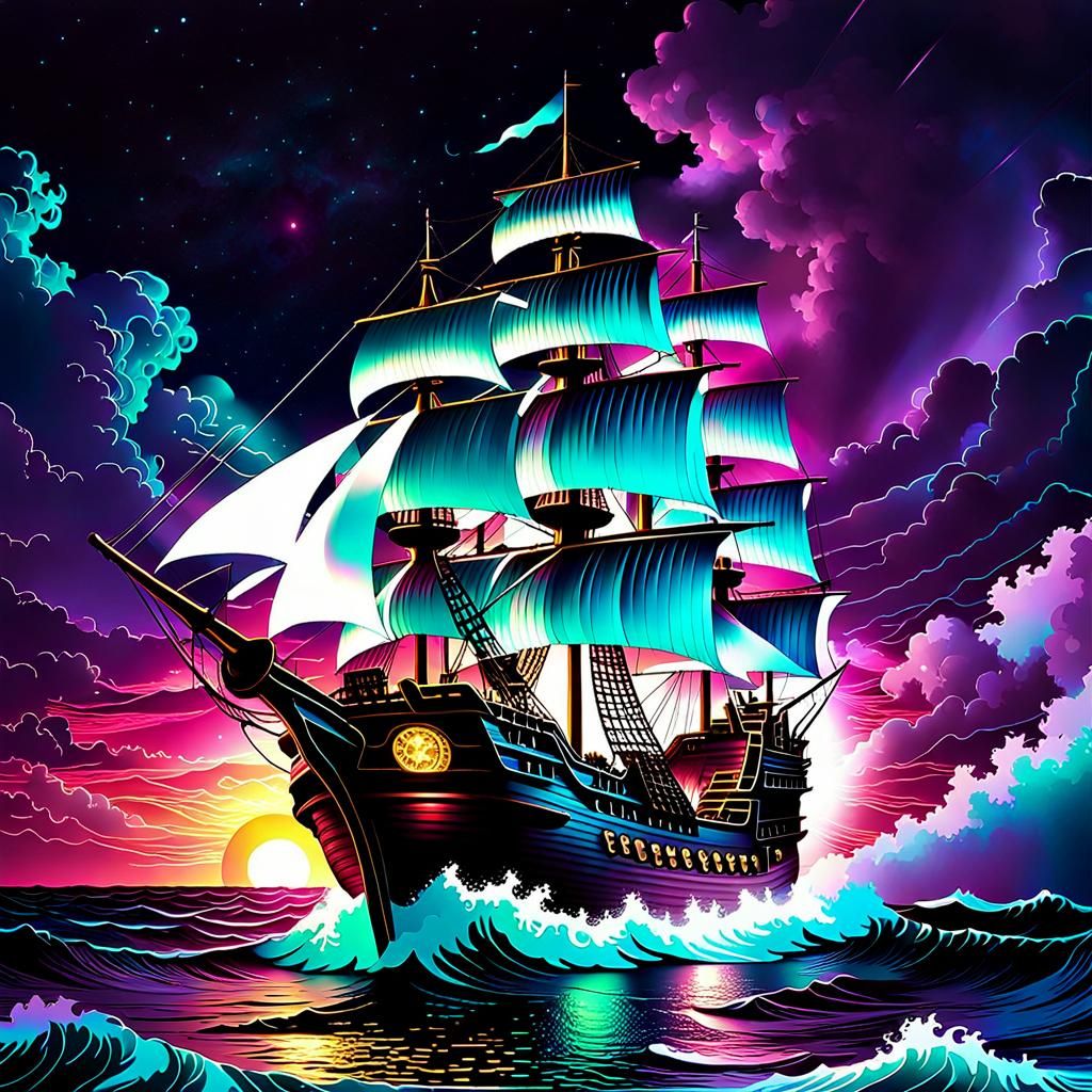 Pirate Ship at Night in Vaporwave Style