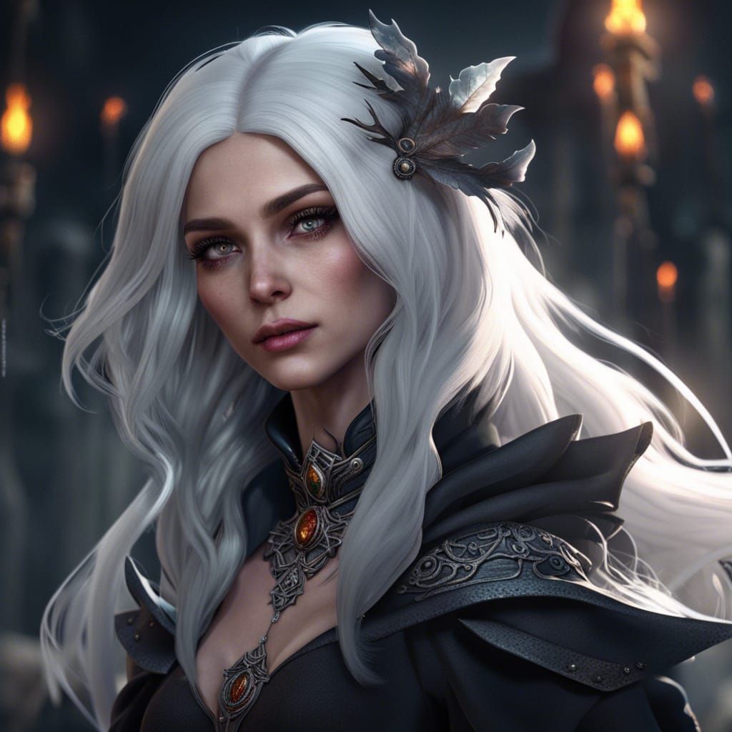 Pretty Witch with White Hair in Detailed Digital Painting