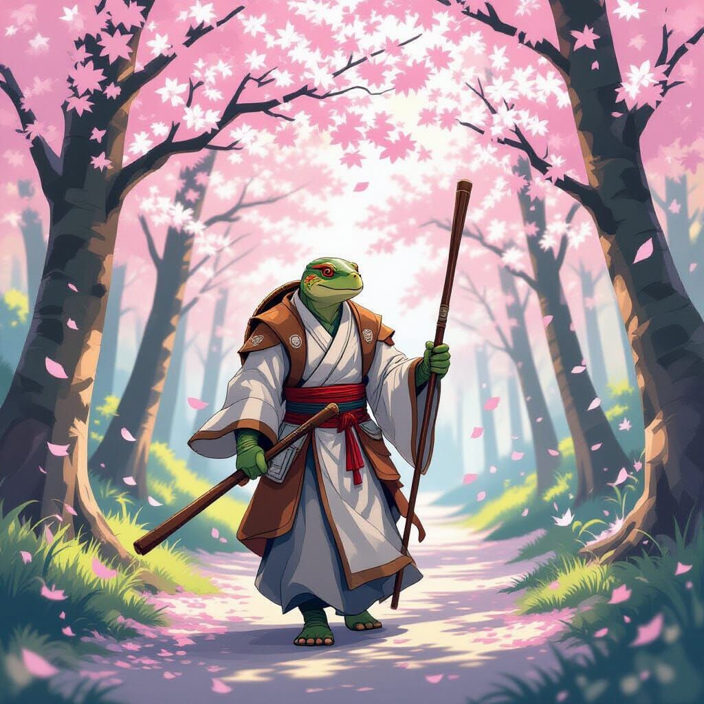 Wise Turtle Monk Walks Through Sakura Forest in Ukiyo-e Styl...