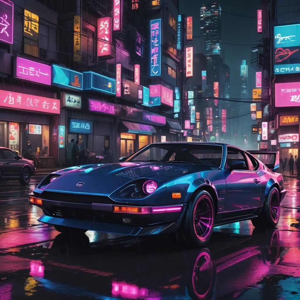Cyberpunk 280zx Nissan in Neon Noir Cityscape