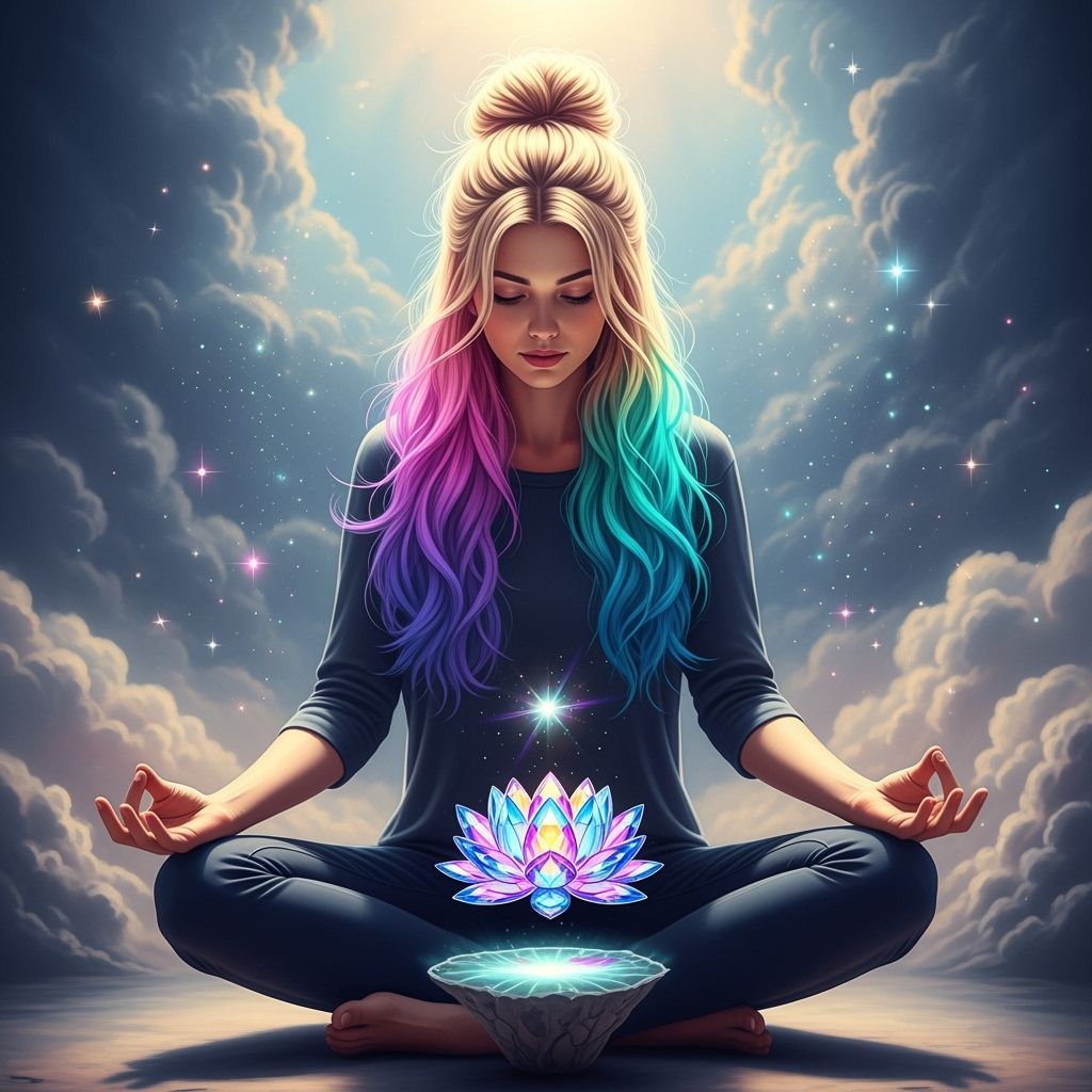 Meditating Woman with Crystal Lotus in Digital Painting Styl...
