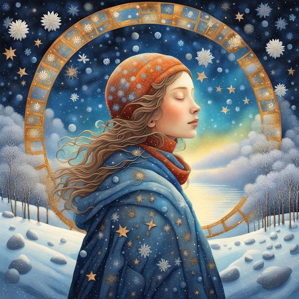 Winter Dreamscape: Girl in a Galaxy of Snowflakes