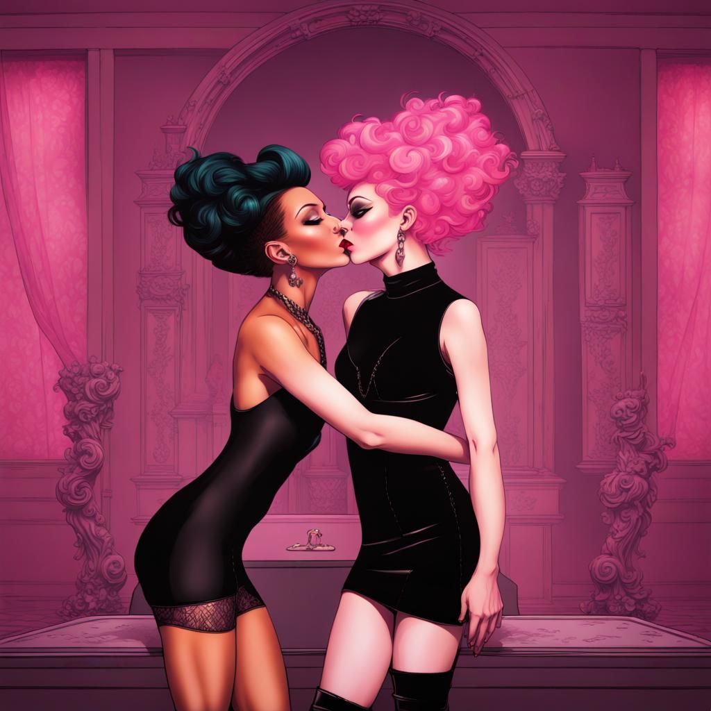 Two Drag Queens Embrace, Fantasy Concept Art