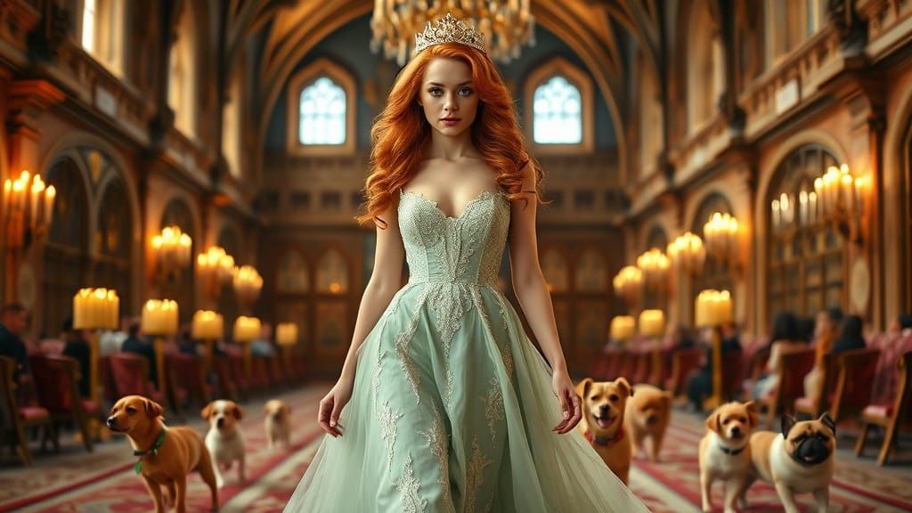 Ginger Goddess Struts Castle Catwalk in Elegant Green Gown