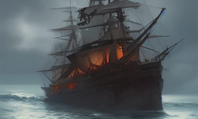 Vasa Ship in Stormy Sea, Historical Painting Style