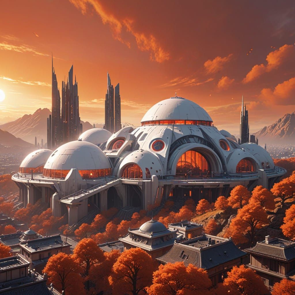 A white city of adobe dome buildings. The city looks very futuristic, but also ancient and mystical. The landscape aroun...