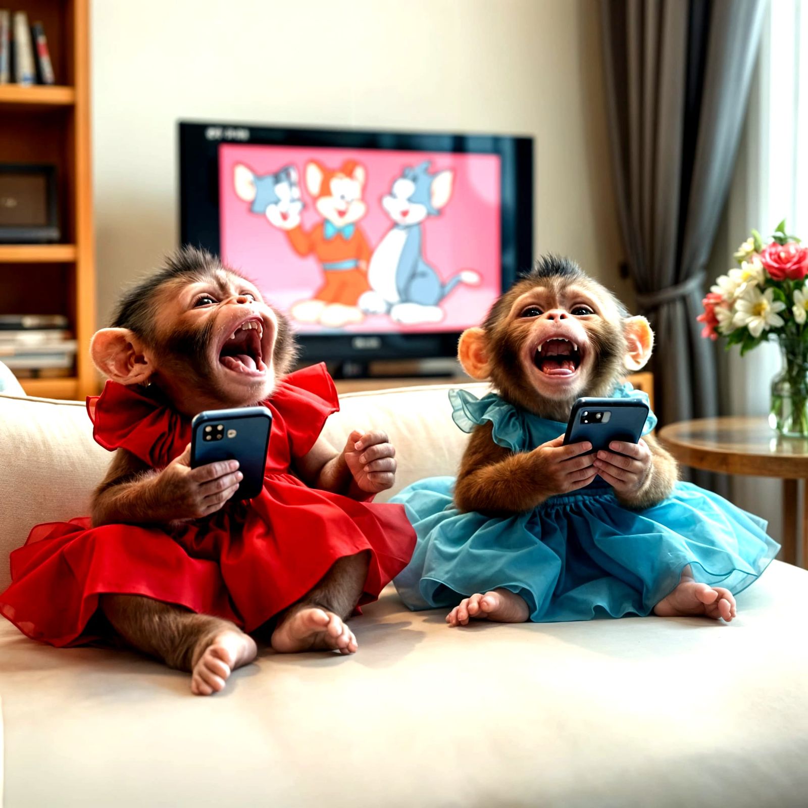 Adorable Baby Monkeys Relax on a Couch with Phones and Flowe...