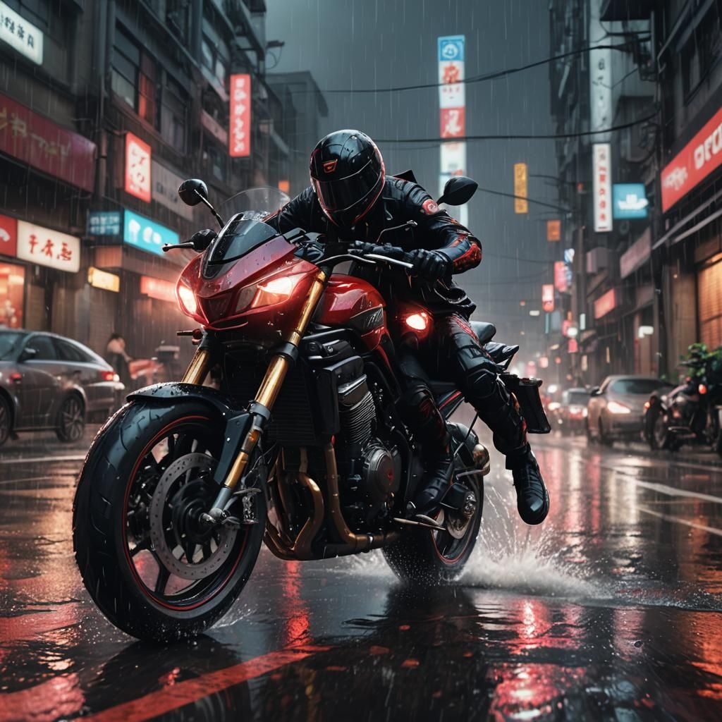Anime Motorcycle Races Through Rainy Cyberpunk City