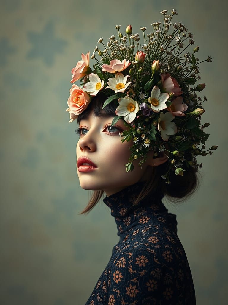 Surreal Portrait: Woman with Flowerbed Head