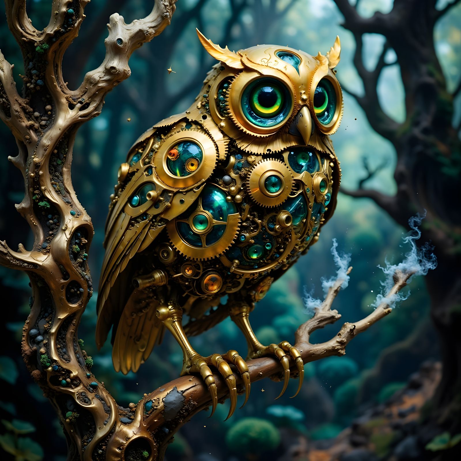 Clockwork Owl with Emerald Eyes in Twilight Forest