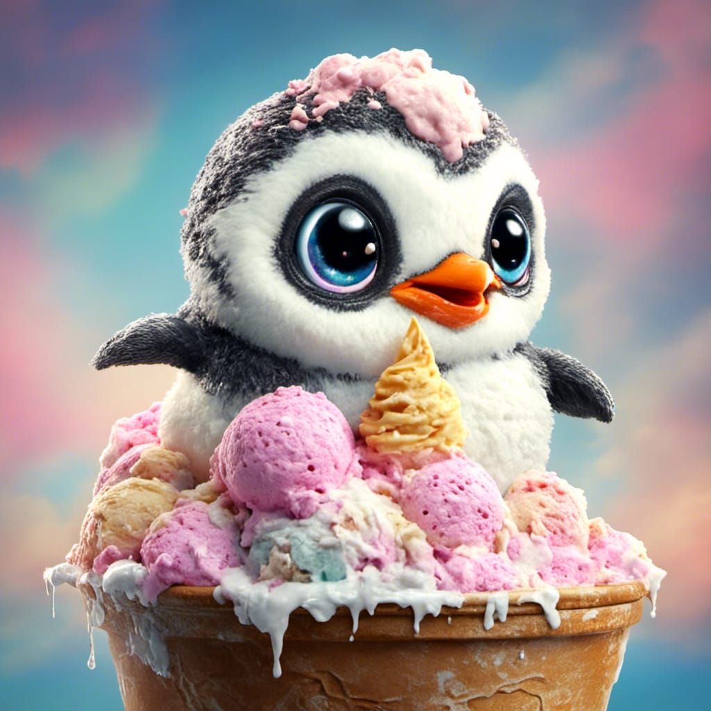 Penguin Sits on Ice Cream Scoop